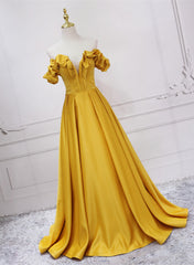 Gold Satin A-line Sweetheart Long Junior Prom Dress, Floor Length Satin Evening Dress