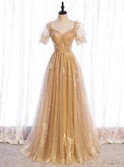 Gold Tulle Sequins Square Short Sleeve Pearls Prom Dress