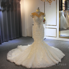 Gorgeous Long Mermaid High Neck Appliques Lace Crystal Tulle Wedding Dress