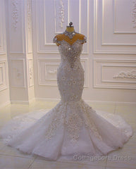 Gorgeous Long Mermaid High Neck Appliques Lace Crystal Tulle Wedding Dress