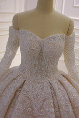 Gorgeous Long Sleeve Off the Shoulder Appliques Lace Ball Gown Wedding Dress