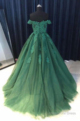 Gorgeous Off Shoulder Green Lace Long Prom Dresses, Green Lace Formal Evening Dresses, Green Ball Gown