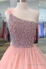 Gorgeous One Shoulder Beaded Pink Long Prom Dresses, Fluffy Pink Formal Evening Dresses, Beaded Ball Gown