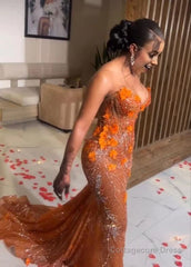 Gorgeous Orange Beaded Applique Mermaid Evening Dress Long Prom Dress