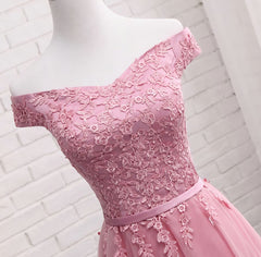 Gorgeous Pink A Line Lace Off Shoulder Prom Dress,Cheap evening dresses,Sexy Formal Dress