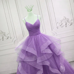 Gorgeous Purple Straps Layers Tulle V-neckline Long Evening Dress, Light Purple Prom Dresses