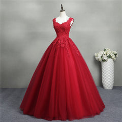 Gorgeous Red Ball Gown Sweet 16 Gown, Red Tulle with Lace Applique Party Dresses