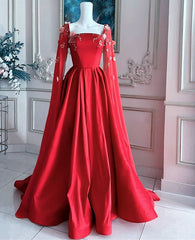 Gorgeous Red Satin Appliques Prom Dress,Formal A Line Party Evening Dress With Cape