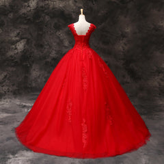 Gorgeous Red Tulle Ball Gown Long Formal Dress with Lace Flowers, Red Sweet 16 Dresses