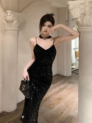 Gorgeous Sheath Spaghetti Straps Black Sequin Evening Dress Prom Dresses Birthday Outfits