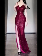 Gorgeous Sheath Spaghetti Straps Burgundy Sequin Long Evening Dress Prom Dresses Birthday Outfits