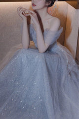 Gorgeous Silver Bling Tulle Off Shoulder Prom Dress