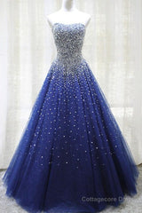 Gorgeous Strapless Blue Tulle Beaded Long Prom Dresses, Beaded Blue Formal Evening Dresses, Beaded Ball Gown