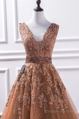 Gorgeous V Neck Champagne Lace Long Prom Dress, Champagne Lace Formal Graduation Evening Dress