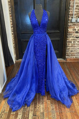 Gorgeous V Neck Mermaid Blue Sequins Long Prom Dress, Mermaid Blue Formal Dress, Blue Evening Dress