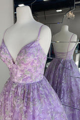 Gorgeous V Neck Thin Straps Purple Long Prom Dress, V Neck Purple Formal Evening Dress, Purple Ball Gown