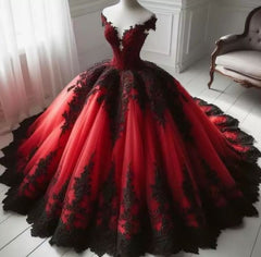 Gothic Red and Black Off the Shoulder Evening Dress Prom Dresses