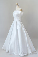 Graceful Long Ball Gown Off Shoulder Satin Wedding Dress