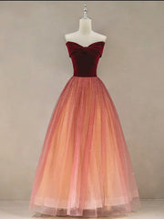 Gradient Red Tulle with Velvet Long Party Dress, Cute Floor Length Formal Dress