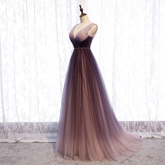 Gradient V-neckline Tulle Long Prom Dress Party Dress, Gradient Evening Gown