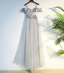 Gray A Line Lace Long Prom Dress, Gray Evening Dress