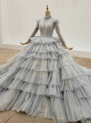 Gray Ball Gown Tulle Long Sleeve High Neck Beading Wedding Dress