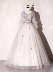 Gray Ball Gown Tulle V-neck Long Sleeve Quinceanera Dress