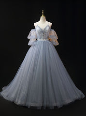 Gray Blue Tulle Lace Short Sleeve Prom Dress