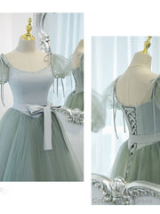 Gray Green A-Line Tulle Long Prom Dress, Gray Green Formal Dress