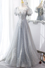 Gray Lace Long A-Line Prom Dress with Sequins, Cute Short Sleeve Evening Dress