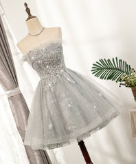 Gray Sweetheart Lace Tulle Short Prom Dress Gray Homecoming Dress