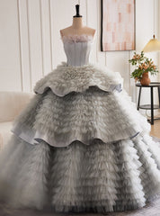 Gray Tulle Ball Gown Tiers Quinceanera Dresses