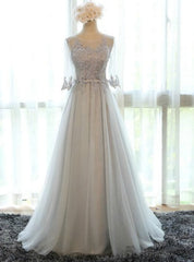 Gray Tulle Lace Half Sleeve Bridesmaid Dress