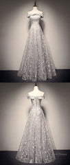 Gray tulle lace long prom dress, lace tulle bridesmaid dress