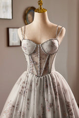 Gray Tulle Sequins Short Prom Dress, A-Line Spaghetti Straps Backless Party Dress