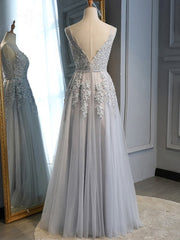 Gray Tulle with Lace Long Prom Dresses, A-line Floor Length Gray Evening Dresses, Gray Bridesmaid Dresses