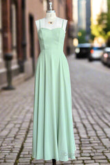 Green A Line Chiffon Spaghetti Straps Long Bridesmaid Dress