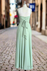 Green A Line Chiffon Spaghetti Straps Long Bridesmaid Dress