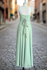 Green A Line Chiffon Spaghetti Straps Long Bridesmaid Dress