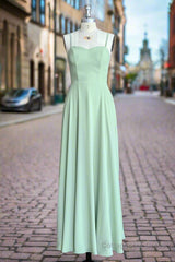 Green A Line Chiffon Spaghetti Straps Long Bridesmaid Dress