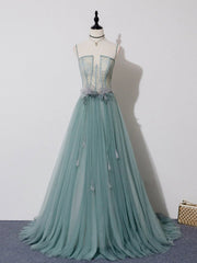 Green A Line Lace Long Prom Dresses, A Line Green Lace Long Formal Evening Dresses