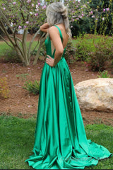 Green A-Line Satin V-Neck Prom Dress with Slit