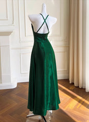 Green A-line Soft Satin Cross Back Evening Dress, Green Prom Dress Party Dress