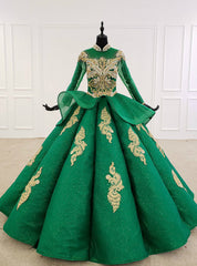 Green Ball Gown Tulle High Neck Long Sleeve Beading Crystal Wedding Dress