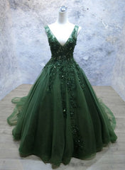 Green Beaded and Lace V-neckline Low Back Long Party Dresses, Green Evening Dress Party Dresses