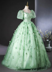 Green Flower Lace Long Prom Dress with Sleeves, Green Formal Dress