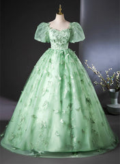 Green Flower Lace Long Prom Dress with Sleeves, Green Formal Dress