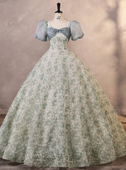 Green Gray Short Sleeve Lace Flower Quinceanera Dress