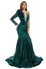 Black Mermaid One Sleeve Prom Dresses Sequined Lace Jewel Ruffles Evening Party Dress with Appliques