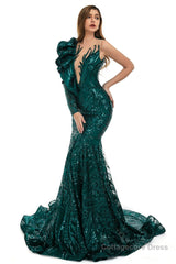 Turquoise Green Mermaid One Sleeve Prom Dresses Sequined Lace Jewel Ruffles Evening Party Dress with Appliques